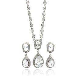 Rhodium Plated Brass Clear Teardrop CZ Dangling Stud Earring & Dangling Necklace Set bbs00014