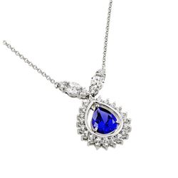 Sterling Silver Rhodium Plated Blue CZ Drop Shape Pendant Necklace bgp00830b