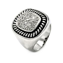 Rhodium Plated Brass Braided Rope Clear CZ Cigar Band Ring bbr00065