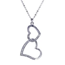 Sterling Silver Clear CZ Rhodium Plated Double Heart Pendant Necklace bgp00025