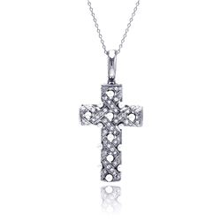 Sterling Silver Clear CZ Rhodium Plated Fancy Cross Pendant Necklace stp00211