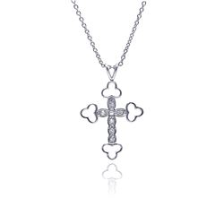 Sterling Silver Clear CZ Rhodium Plated Fancy Cross Pendant Necklace stp00222