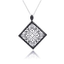 Sterling Silver Black Rhodium Plated Square Filigree Marcasite CZ Necklace bgp00303