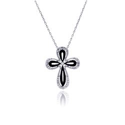 Sterling Silver Rhodium Plated Open Black & Clear Cross CZ Necklace bgp00482