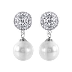 Sterling Silver Rhodium Plated Pearl CZ Cluster Earring - STE00988