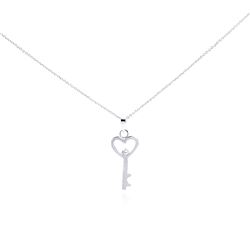 Sterling Silver Rhodium Plated Clear CZ Heart Key Pendant Necklace stp00944