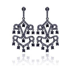 Sterling Silver Oxydized Rhodium Plated Round Black CZ Dangling Chandelier Stud Earring ste00713