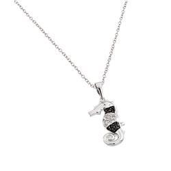 Sterling Silver Rhodium Plated Clear CZ Stone and Onyx Sea Horse Pendant Necklace - BGP00853