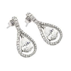 Sterling Silver Rhodium Plated Channel Teardrop CZ Dangling Stud Earring bge00366c