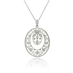 Rhodium Plated Brass Open Oval Filigree Outline Clear CZ Pendant Necklace bbp00082