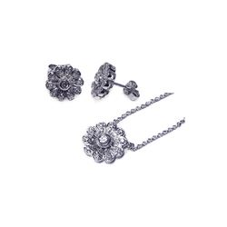 Silver Rhodium Plated Flower CZ Stud Earring & Necklace Set sts00044