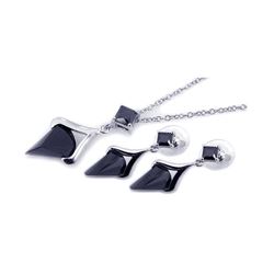 Sterling Silver Rhodium Plated Black Square Pointed CZ Dangling Stud Earring & Dangling Necklace Set