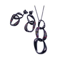 Sterling Silver Black Rhodium Plated Graduated Multicolor Hanging CZ Dangling Stud Earring & Necklac