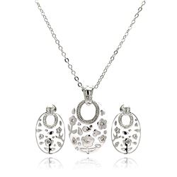 Rhodium Plated Brass White Enamel Open Oval Flower Clear CZ Stud Earring & Necklace Set bbs00012