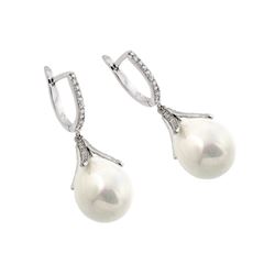 Sterling Silver Rhodium Plated Channel CZ Synthetic Pearl Lever Back Earring - BGE00261