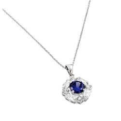 Sterling Silver Rhodium Plated Circle Blue Center CZ Necklace bgp00809b