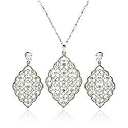 Rhodium Plated Brass Flower Filigree Net Clear CZ Dangling Stud Earring & Necklace Set bbs00003