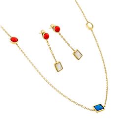 Sterling Silver Gold Plated TurquoiseCoralWhite Abalone Shell Dangling Stud Earring & Necklace Set b