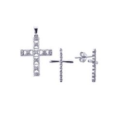 Sterling Silver Rhodium Plated Cross CZ Stud Earring & Necklace Set sts00238