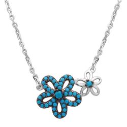 Sterling Silver Rhodium Plated Double Flower Necklace With Turquoise Stones - GMN00017BLK-T