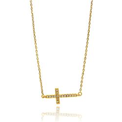 Sterling Silver Gold Plated Sideways Cross CZ Necklace bgp00673