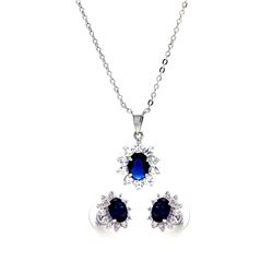 Sterling Silver Rhodium Plated Blue & Clear Cluster Flower CZ Stud Earring & Dangling Necklace Set b