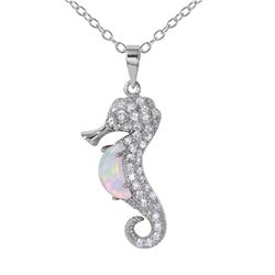 Sterling Silver Rhodium Plated Sea Horse With CZ And Synthetic Opal Necklace - BGP01071WHT