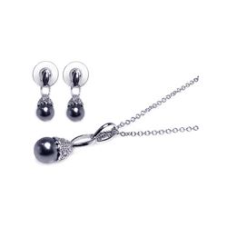 Sterling Silver Rhodium Plated Black Pearl Clear CZ Dangling Stud Earring & Dangling Necklace Set bg