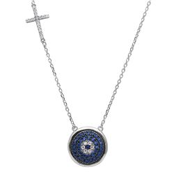 Sterling Silver Rhodium Plated Blue CZ Evil Eye With CZ Cross Charm Necklace - BGP01124