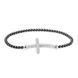 Sterling Silver Black Rhodium Plated Beaded Italian Bracelet with CZ Encrusted Cross - ITB00195BLK