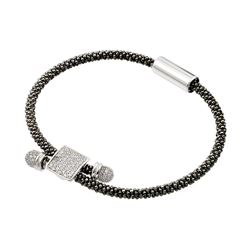 Sterling Silver Rhodium & Black Rhodium Plated Square Micro Pave Clear CZ Beaded Italian Bracelet IT