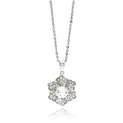 Rhodium Plated Brass Snowflake Flower Clear CZ Pendant Necklace bbp00135