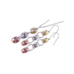 Sterling Silver RhodiumGoldRose Gold Plated Multi Tone Dangling Hook Earring & Dangling Necklace Set