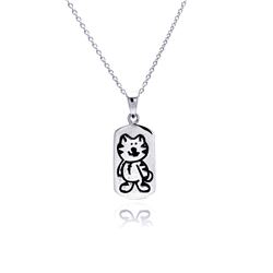 Sterling Silver Rhodium Plated Kitty Dogtag Pendant Necklace stp00771