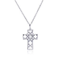 Sterling Silver Rhodium Plated Open Clover Leaf Cross CZ Necklace bgp00429