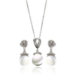 Sterling Silver Rhodium Plated Pearl Drop Clear CZ Hanging Stud Earring & Dangling Necklace Set bgs0