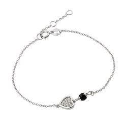 Sterling Silver Rhodium Plated Heart Black Enamel Bracelet BGB00225