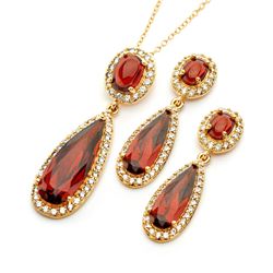 Sterling Silver Gold Plated Clear & Red Oval Slim Teardrop CZ Dangling Stud Earring & Dangling Neckl