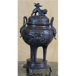 Ancient 18th Cty Japanese Bronze Tripod Censer w. Cover 10", 3-lbs