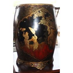 Antique Chinese Gilt & Bronze Lacquered Drum Rice Container