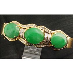 Certified 18K Gold Diamond & Green Jade Bangle Bracelet 38gr