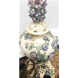 Antique c1880 Fine Dresden Porcelain Gilt Lamp w. Violet Flowers & Cupids 27" inches