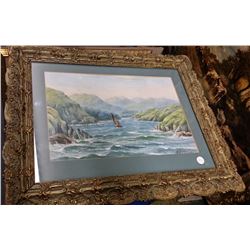 Antique c1880 Signed & Dated Original Water Color in Gilt Wood By Meadows "Barmouth", 31x17"