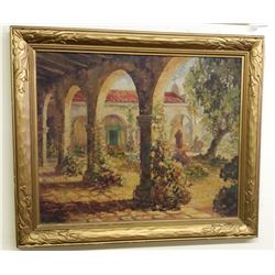 Antique c1917 Original Oil on Canvas Signed Franciscan California Mission Scene 30x29"