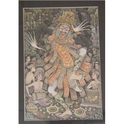 Old Indonesia Jauk Dancer Color on Paper in Wood Frame 27x21"