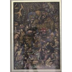 Old Indonesian Color Work in Gilt Frame 17x14"