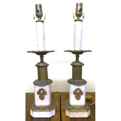 Antique LG c1850 American Brass & Marble Table Converted Candle to Lamp Set 21", 14-lbs