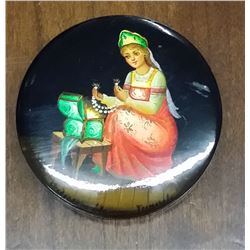 Antique Russian Trinket Box 2.50", Glazed Enamel Painting