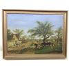 Image 1 : Antique Signed Oil on Canvas: Farmhouse Setting with Cows Grazing 22x21", 4-lbs