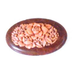 Antique Circa 1920 Pink Carved Coral Brooch Framed in Wood 55x34mm